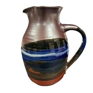 Vtg MCM Artisan Pottery Drip Glaze Pitcher Signed 8 1/2"